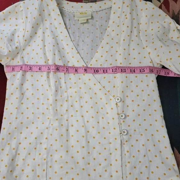 Anthropologie Maeve Louise Wrapped Blouse Sz 2 White Yellow Polka-dot Linen Top - Picture 7 of 8